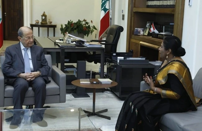 Lebanese President Michel Aoun receives Sri Lankan Ambassador Shani Calyaneratne Karunaratne in Baabda, Aug. 24, 2020. (Lebanese Presidency/HO)