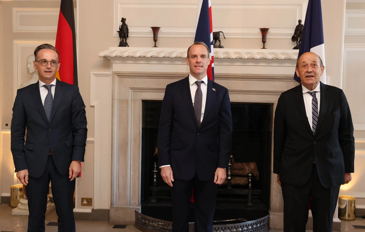 The foreign ministers of Britain, France and Germany Dominic Raab, Jean-Yves Le Drian and Heiko Maas meet on Thursday. (@DominicRaab)