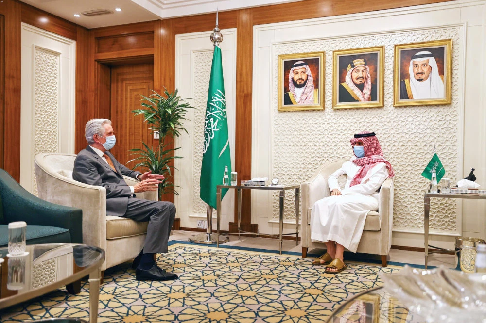 Saudi FM Prince Faisal bin Farhan meeting with the French ambassador to Saudi Arabia, Francois Gouyette. (SPA)