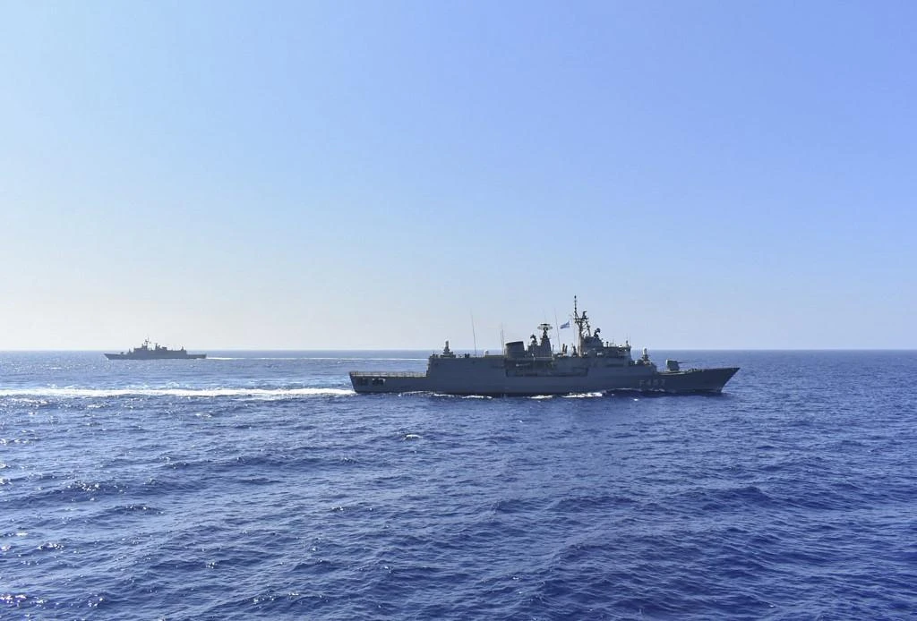 A handout photo released by the Greek National Defence Ministry shows ships of the Hellenic Navy taking part in a military exercise in the eastern Mediterranean Sea, on August 25, 2020. (File/AFP)