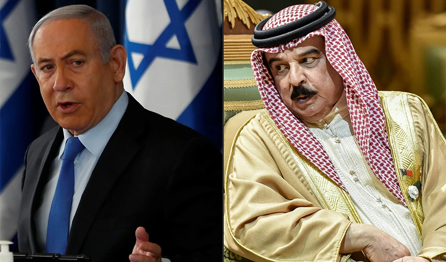 This combination of pictures created on September 11, 2020 shows (L) Israeli Prime Minister Benjamin Netanyahu chairing the weekly cabinet meeting in Jerusalem on June 28, 2020, and (R) King Hamad bin Isa Al Khalifa of Bahrain, speaking with another delegate during the 40th Gulf Cooperation Council (GCC) summit held at the Saudi capital Riyadh on December 10, 2019. (AFP)