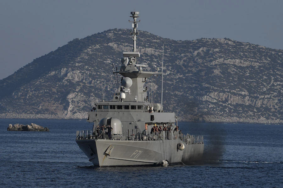 The Hellenic Navy Roussen or Super Vita class Fast Missile Patrol Boat P 71 HS Ritsos patrols off the tiny Greek island of Kastellorizo (Megisti), in the Dodecanese, the furthest south eastern Greek Island, two kilometers from the Turkish mainland on August 28, 2020. (File/AFP)