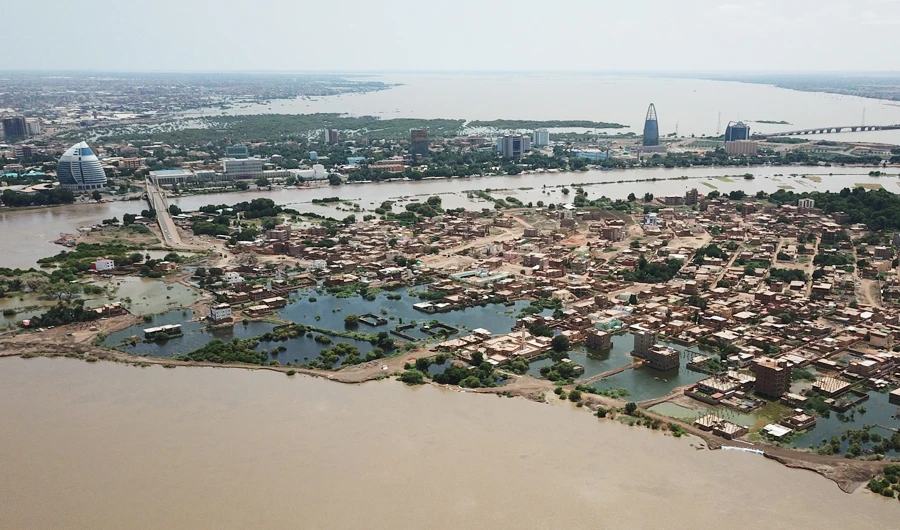 An aerial view shows buildings and roads submerged by floodwaters near the Nile River in South Khartoum, Sudan September 8, 2020. (REUTERS)