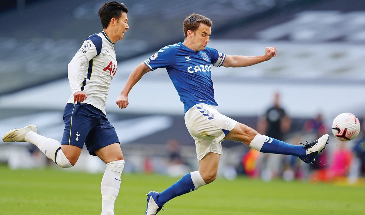 Tottenham Hotspur’s South Korean striker Son Heung-Min, left, vies with Everton’s Irish defender Seamus Coleman at a match in London on Sunday. (AFP)