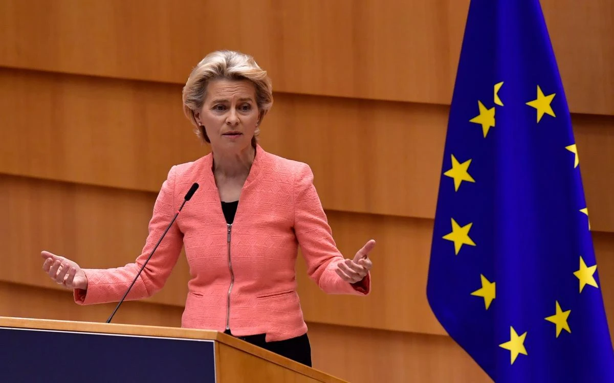 European Commission President Ursula Von Der Leyen addresses her first state of the union speech during a plenary session at the European Union Parliament in Brussels on September 16, 2020.(AFP)