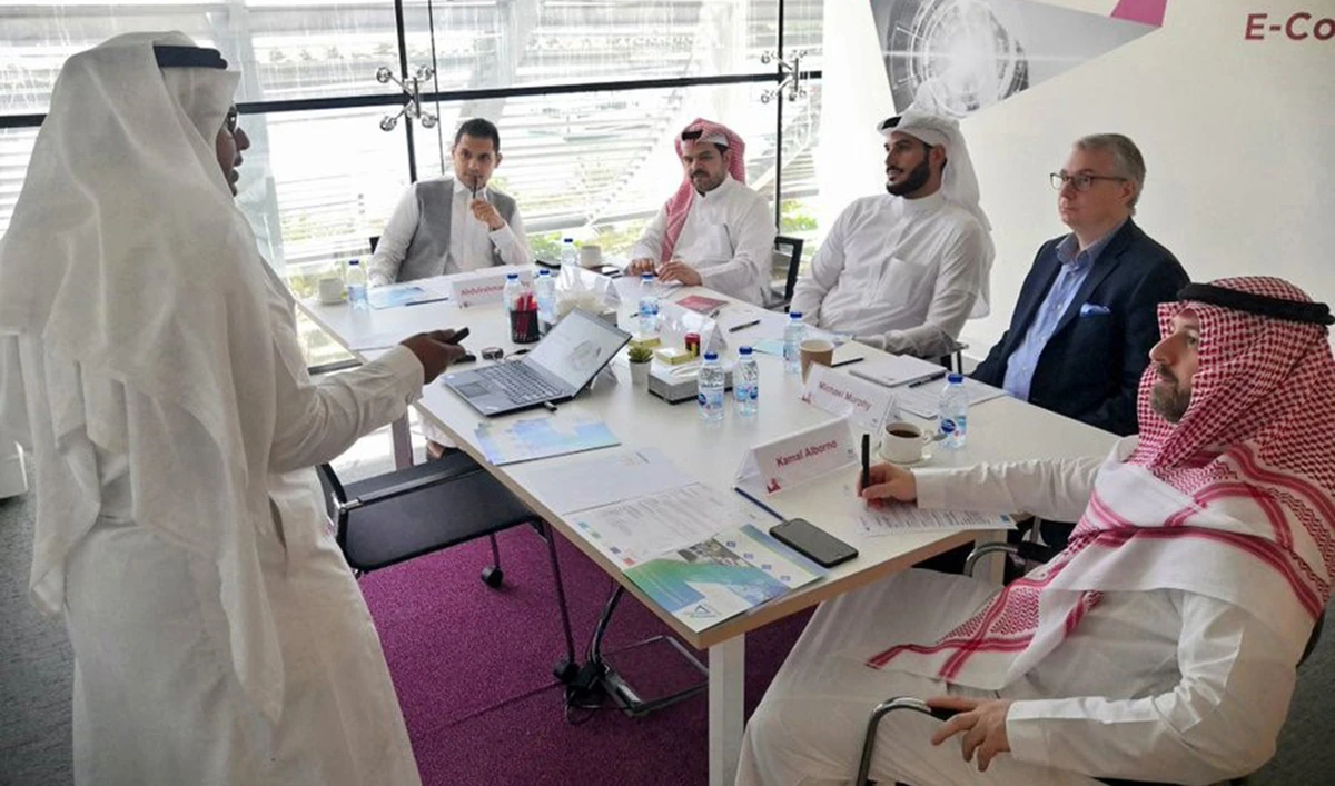 A participant at the 4th MITEF Saudi Startup Competition is interviewed by the judging panel headed by Hassan Jameel, president, Community Jameel, KSA.