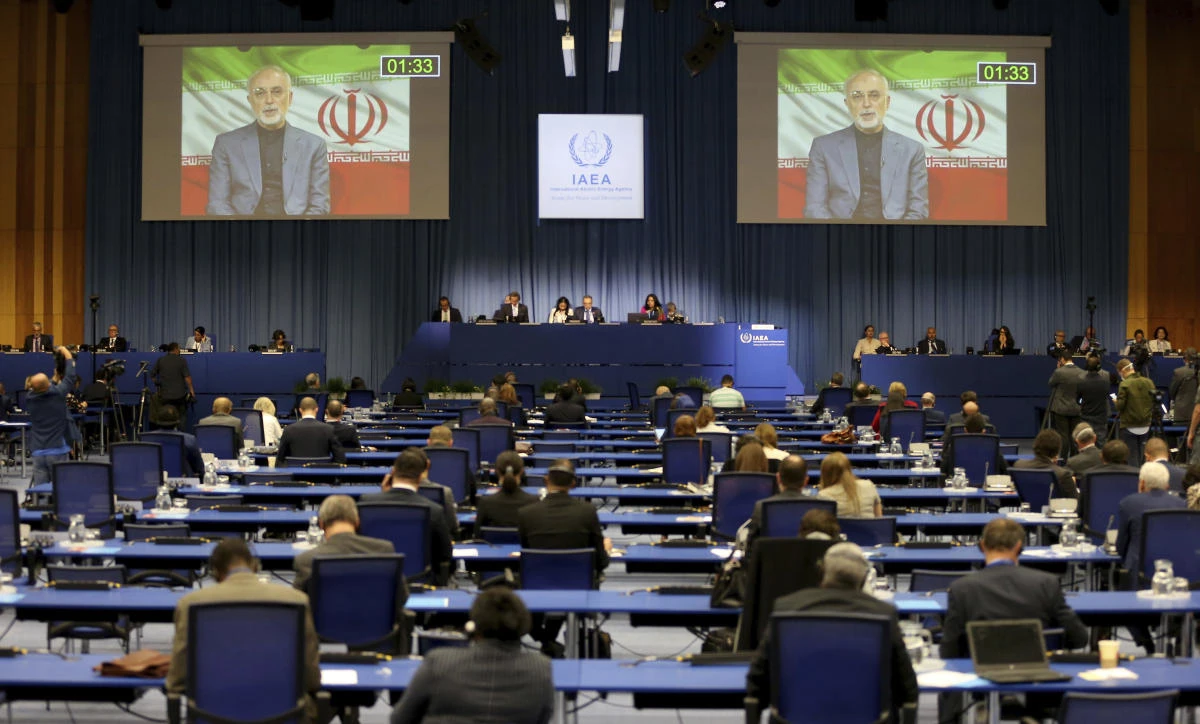 Ali Akbar Salehi, the head Iran’s Atomic Energy Organization, delivers his online broadcasted speech during the general conference of the International Atomic Energy Agency in Vienna, Austria on Sept. 21, 2020. (AP)