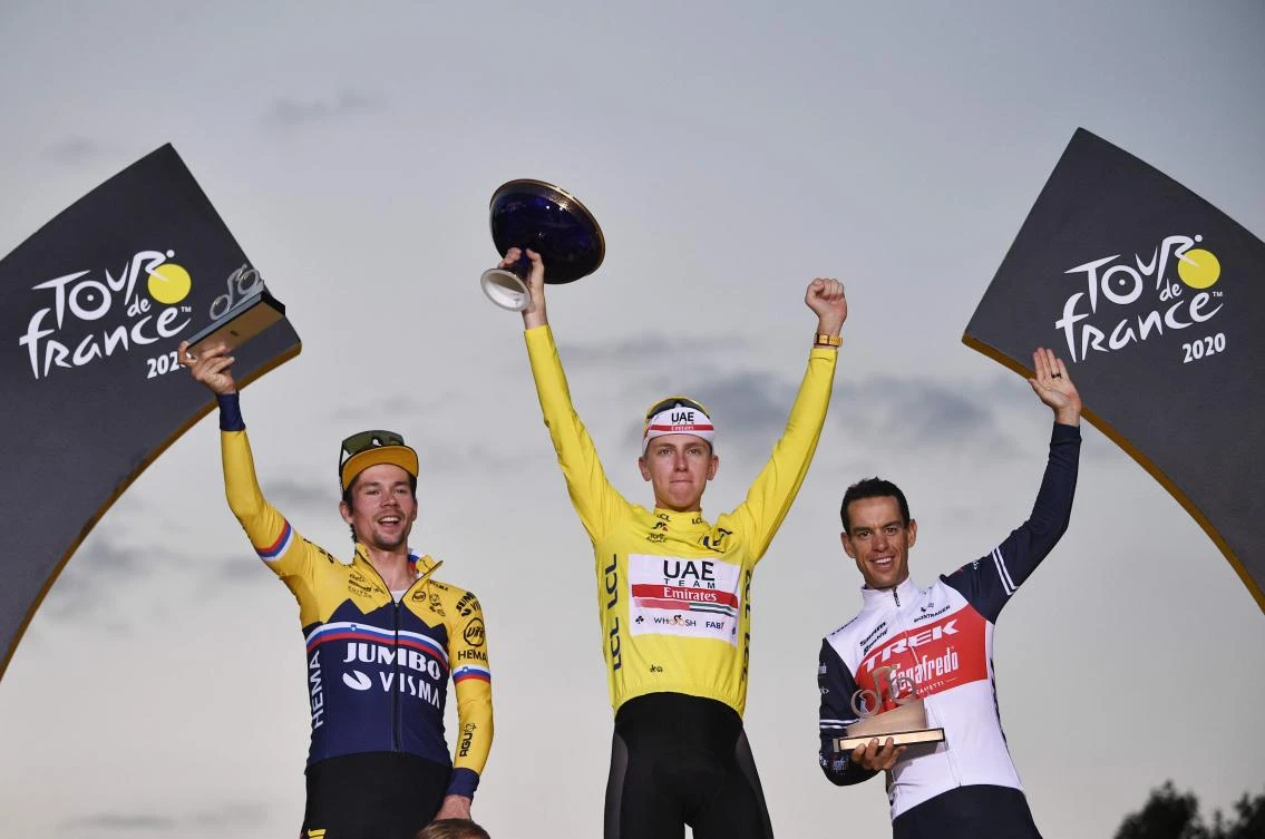 Team UAE Emirates rider Slovenia’s Tadej Pogacar, center, celebrates on the podium between Team Jumbo rider Primoz Roglic, left, and Team Trek Australia’s Richie Porte after winning the 107th edition of the Tour de France on Sept. 20, 2020. (AFP)