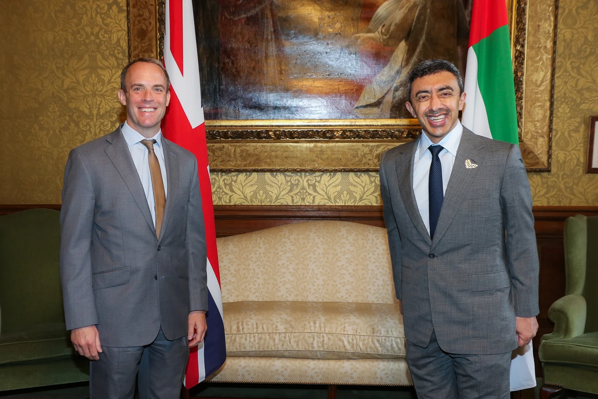 Sheikh Abdullah held wide-ranging talks with British Foreign Secretary Dominic Raab in London. (WAM)