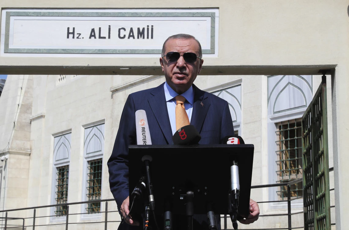 Turkey’s President Recep Tayyip Erdogan talks to the media following Friday prayers at a mosque in Istanbul, Friday, Sept. 18, 2020. (AP Photo)