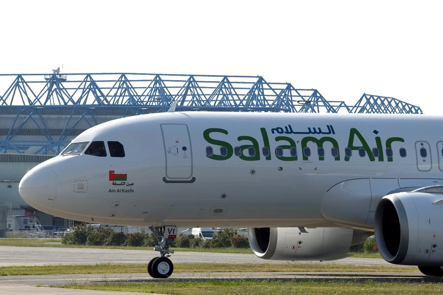 A picture taken on September 27, 2019 at the Airbus delivery center in Colomiers, southwestern France shows a logo of SalamAir low cost airline based in Oman. (File/AFP)