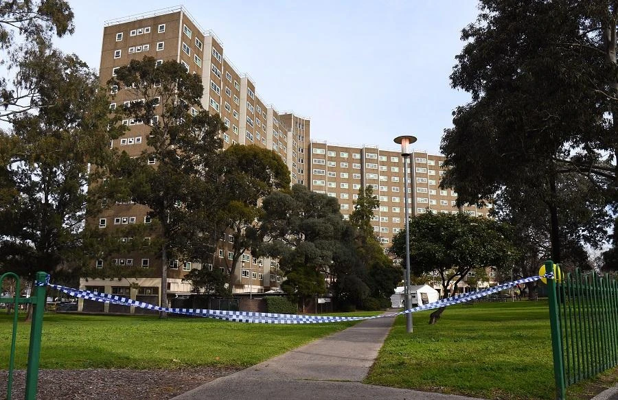 Police tape blocks an entrance at a public housing estate which is undergoing a forced lockdown in Melbourne on July 10, 2020, as the city records another 288 new cases in a fresh outbreak of the COVID-19 coronavirus. (File/AFP)