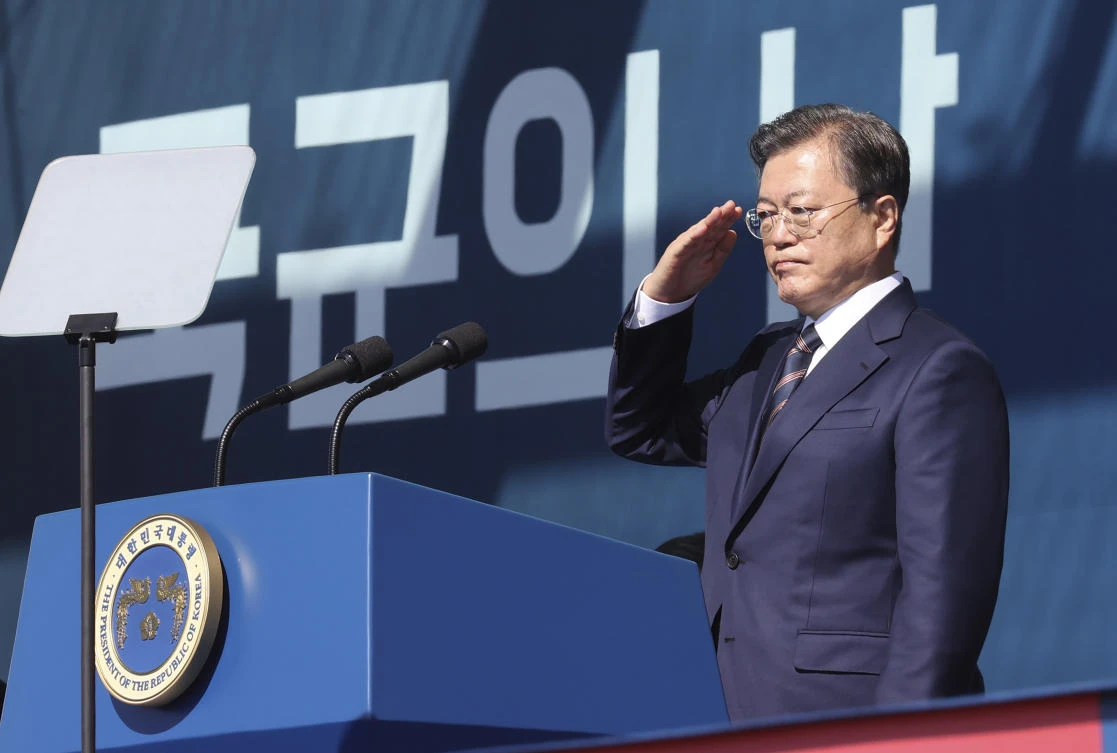 South Korea’s President Moon Jae-in said on Monday that military hotlines with North Korea should be restored to prevent unexpected incidents. (Yonhap via AP)