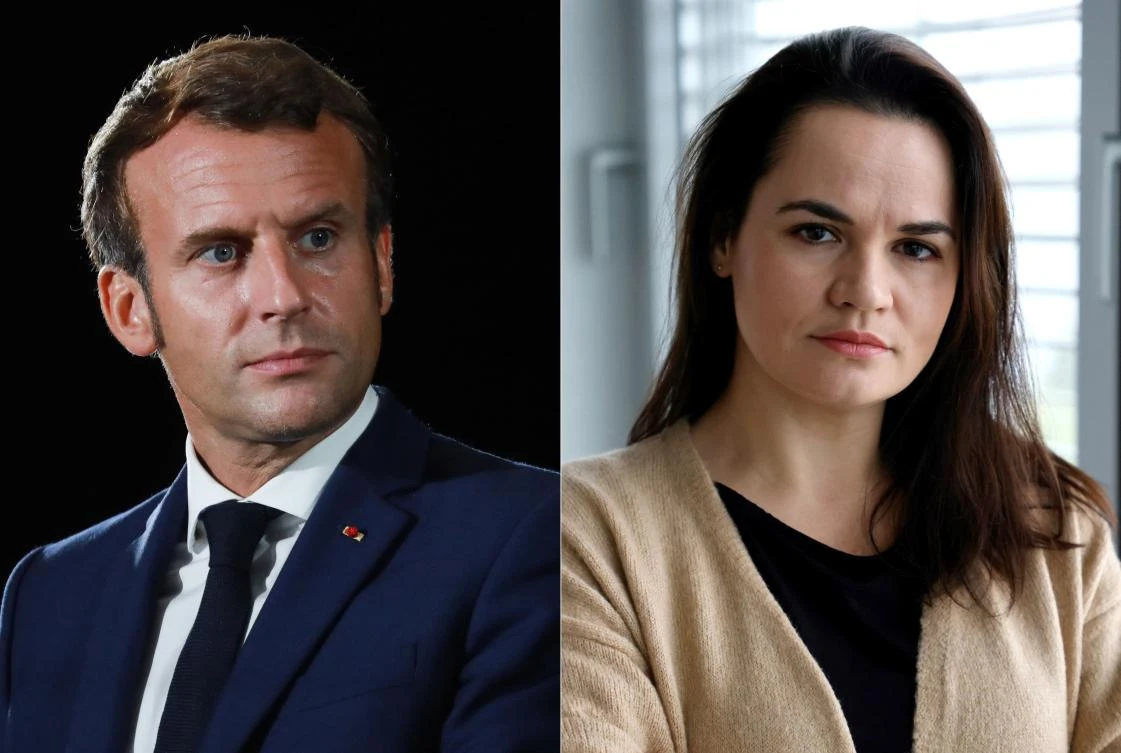 This combination of pictures created on September 28, 2020 shows French President Emmanuel Macron looks on during the closing press conference of the seventh MED7 Mediterranean countries summit, on September 10, 2020 in Porticcio, Corsica, and Belarus opposition leader Svetlana Tikhanovskaya pictured during an interview with AFP on September 28, 2020, in Vilnius, Lithuania. (AFP)