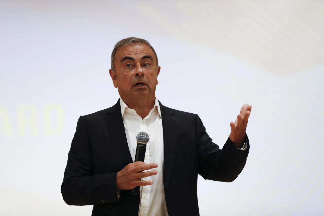 Nissan’s former executive Carlos Ghosn speaks during a press conference at the Holy Spirit University of Kaslik (USEK), north of Beirut, Lebanon, Tuesday, Sept. 29, 2020. (AP)