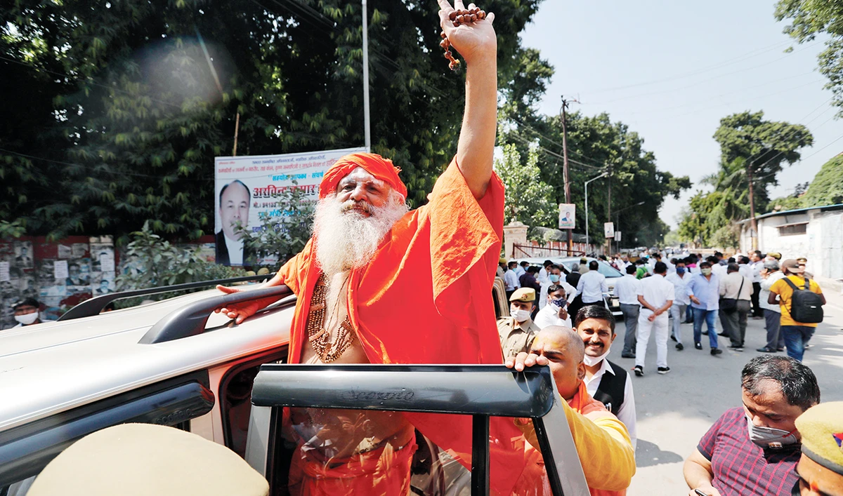 Hindu religious leader Dharam Das, an accused in the 1992 attack and demolition of a 16th century mosque, is seen outside a court in Lucknow on Wednesday. (AP)