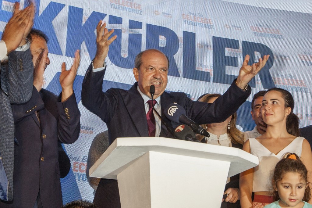 Turkish Cypriot President Ersin Tatar celebrating winning the presidential election last week. (AFP)