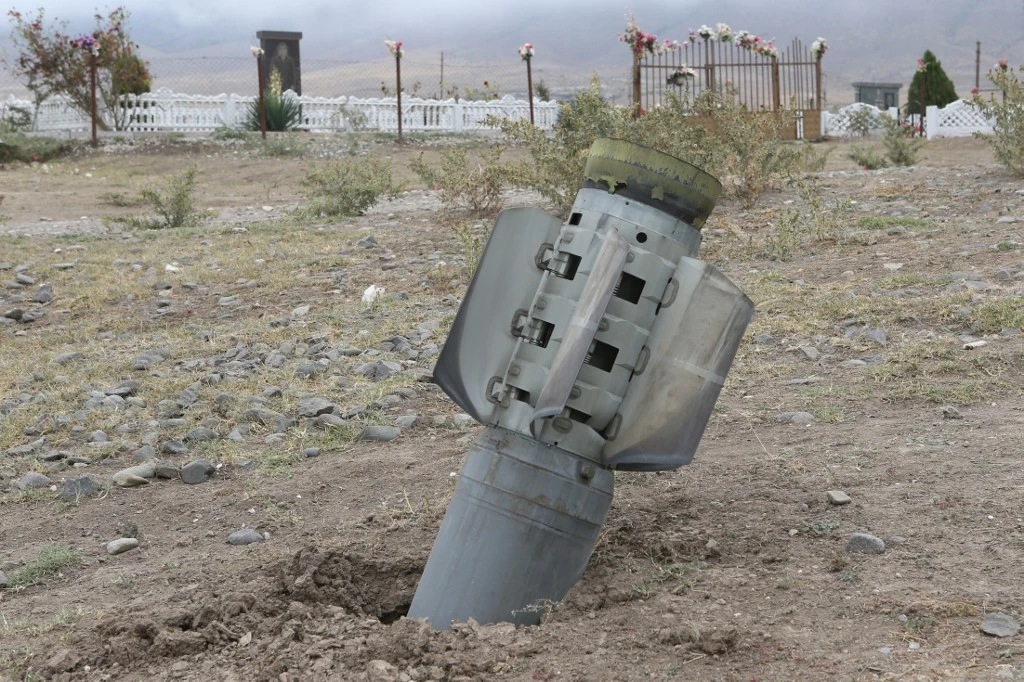 Above, a rocket shell in the Ivanyan community in the breakaway Nagorno-Karabakh region on October 1, 2020. (AFP)