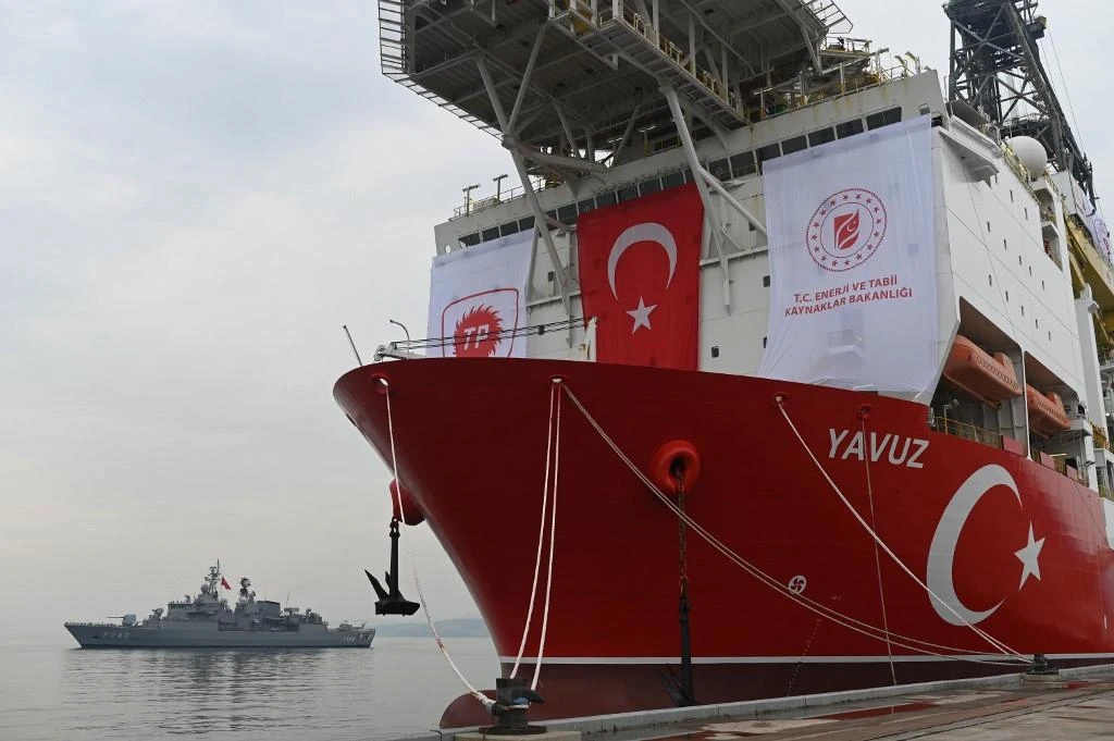 The Turkish drill ship Yavuz had first begun operations east of Cyprus in July 2019. Above, the Yavuz during its send off in June last year. (AFP)
