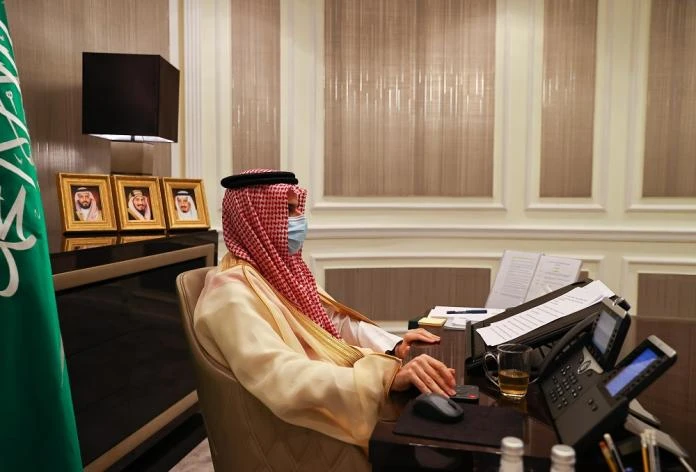 Saudi Arabia’s foreign minister Prince Faisal bin Farhan holds a phone call with his French counterpart Jean-Yves Le Drian. (File/SPA)