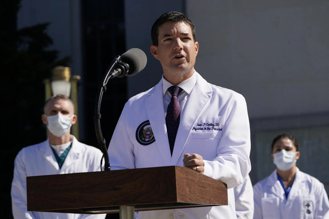 Dr. Sean Conley, physician to President Donald Trump, briefs reporters at Walter Reed National Military Medical Center in Bethesda, Md., Saturday, Oct. 3, 2020. Trump was admitted to the hospital after contracting the coronavirus. (AP)