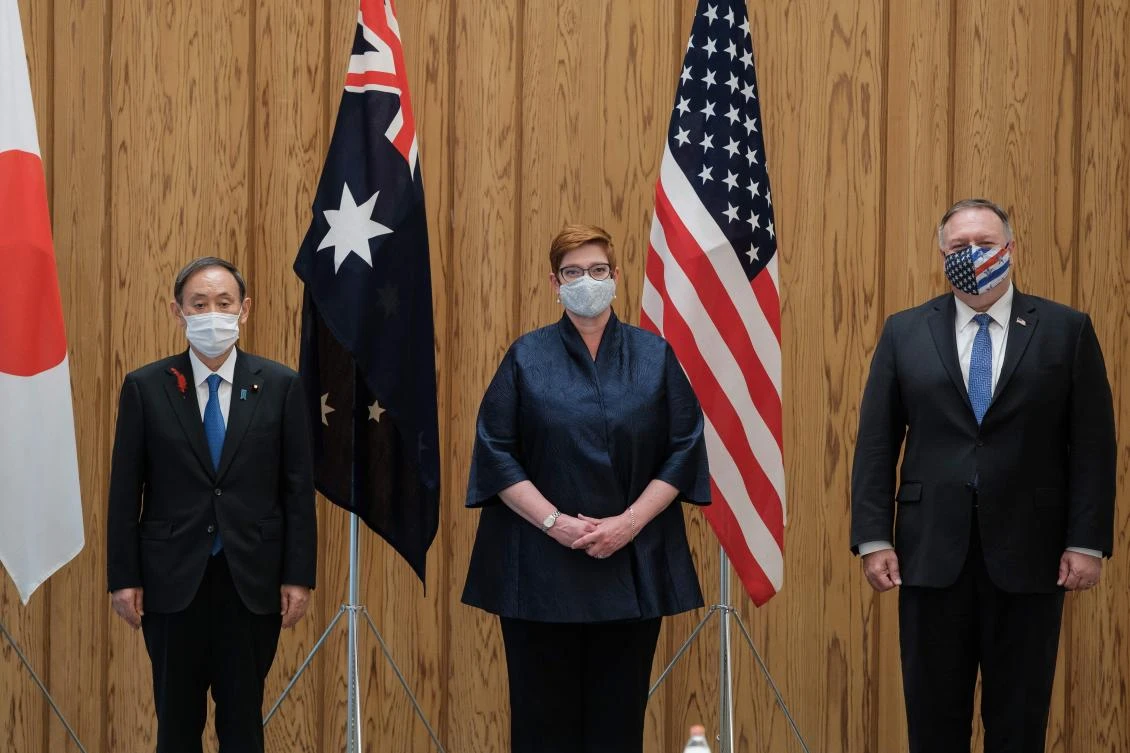 From left: Japan’s Prime Minister Yoshihide Suga, Australia’s Foreign Minister Marise Payne and US Secretary of State Mike Pompeo before a Quad Indo-Pacific in Tokyo on Oct. 6, 2020. (AFP)