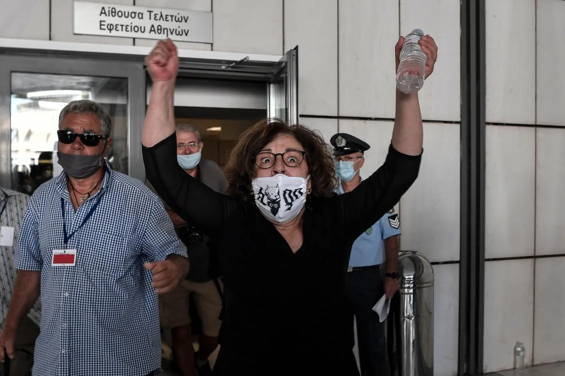Magda Fyssa – mother of rapper Pavlos Fyssas, who was killed in 2013 by a Golden Dawn supporter, reacts after a trial of leaders and members of the party, Athens, Greece, Oct. 7, 2020. (AFP)