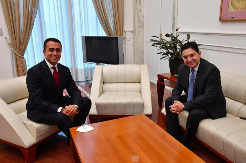 Italian Foreign Minister Luigi Di Maio and Minister of Foreign Affairs, African Cooperation and Moroccan Expatriates Nasser Bourita during a meeting on Libya. (Maroc Diplomatique)