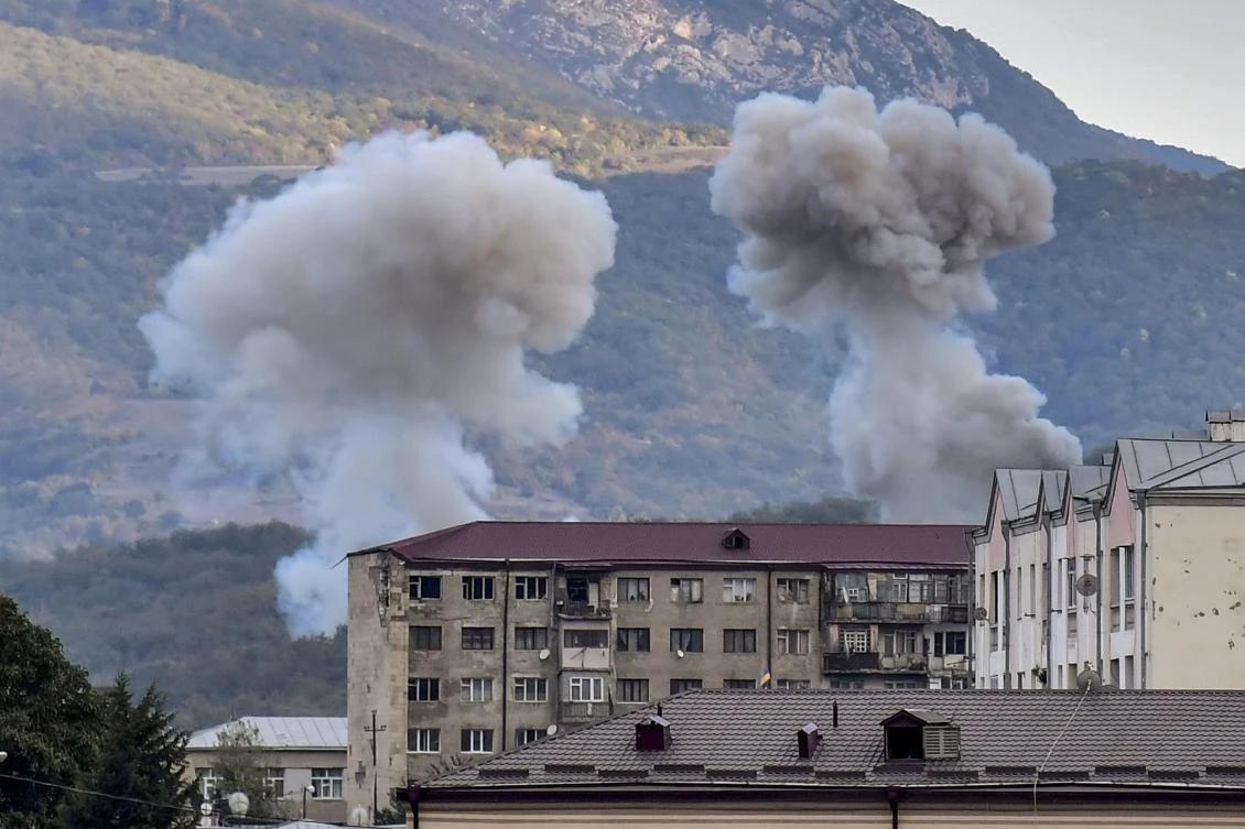 Smoke rises after a shelling in Stepanakert during ongoing fighting between Armenia and Azerbaijan over the disputed region of Nagorno-Karabakh on Oct 9, 2020. (AFP)