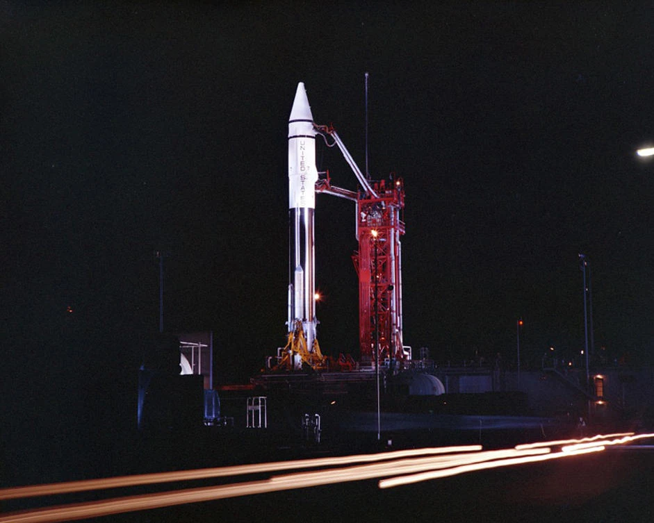 Above, a Sept. 20, 1966 photo provided by the San Diego Air and Space Museum shows an Atlas Centaur 7 rocket on the launchpad at Cape Canaveral, Florida. (Convair/General Dynamics Astronautics Atlas Negative Collection/San Diego Air and Space Museum via AP)