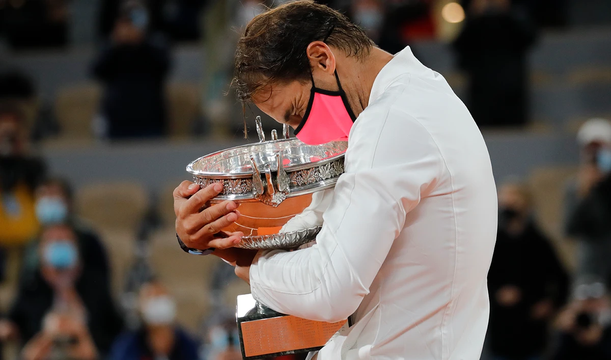 Rafael Nadal with the trophy after winning the French Open final against Novak Djokovic in Paris. (AP)