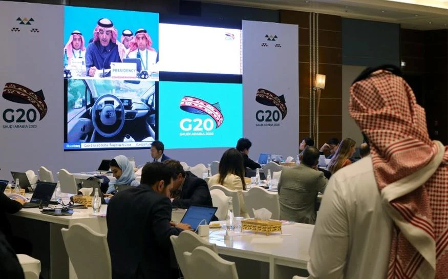 Journalists sit in the media center during the meeting of G20 finance ministers and central bank governors in Riyadh, Saudi Arabia, February 22, 2020. (Reuters/File Photo)