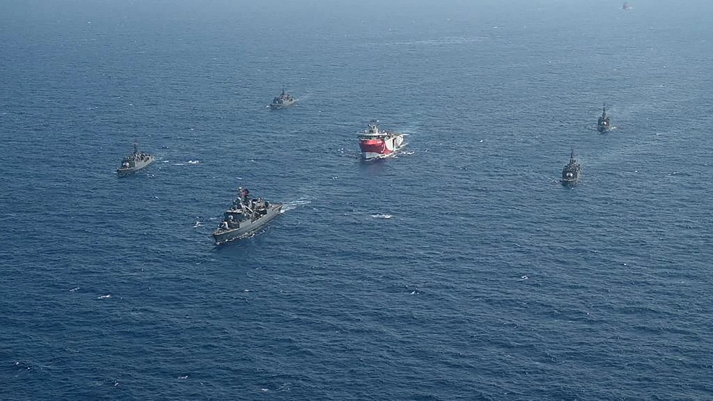 The Turkish seismic research vessel Oruc Reis escorted by Turkish Naval ships in the Mediterranean Sea in August. (AFP/File)