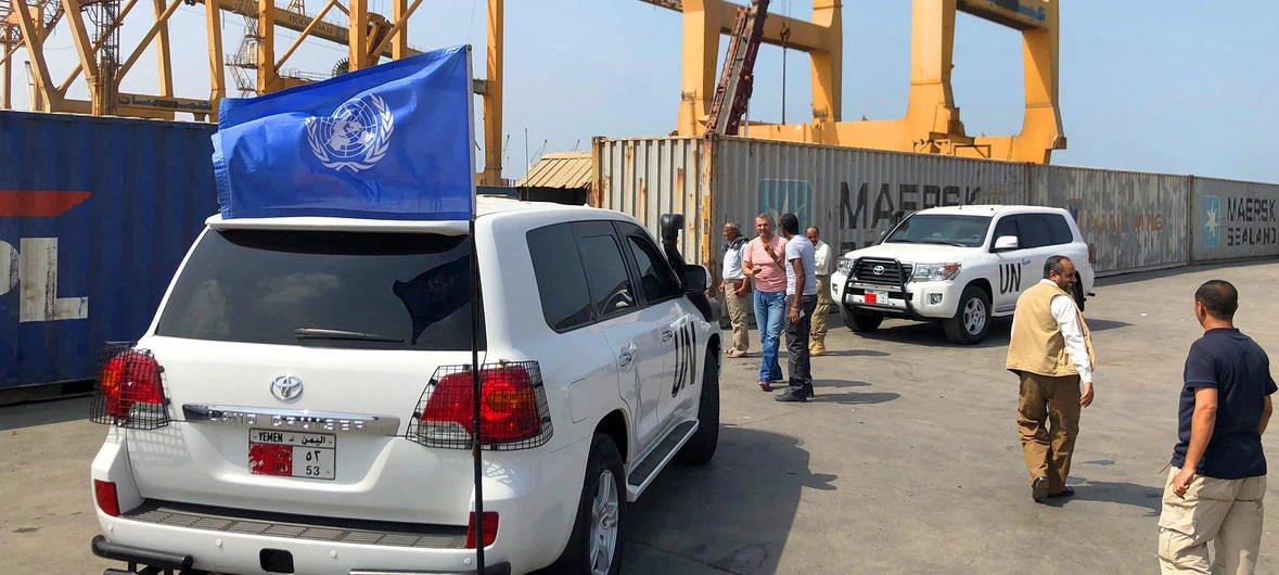 A file photo shows UN teams from the UNMHA mission in the crucial Yemeni port city of Hudaydah, close to where the stricken oil tanker FSO Safer, lies offshore, threatening an environmental disaster. (United Nations official website)