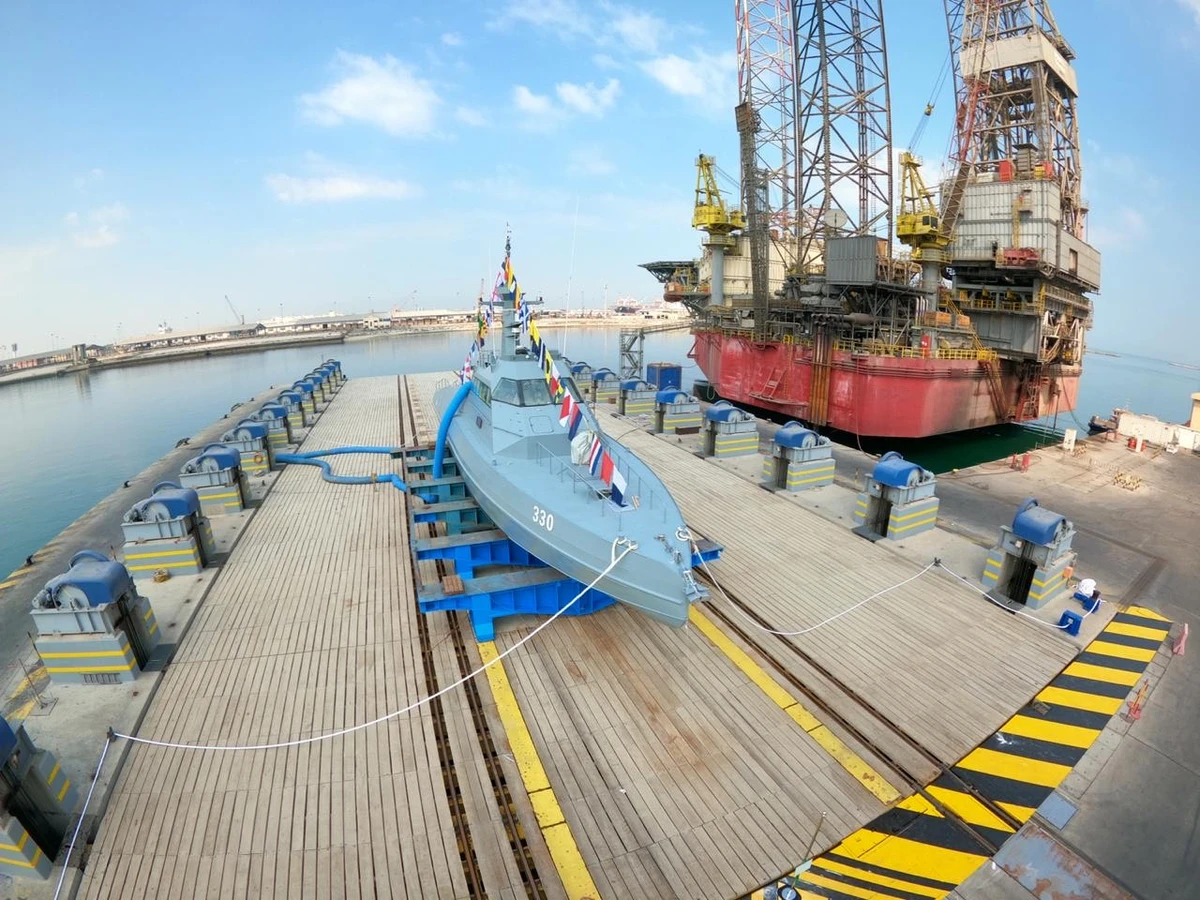 Saudi Arabia’s Ministry of Defense and the General Authority for Military Industries (GAMI) on Wednesday launched the first locally manufactured HSI32, a fast interceptor vessel. (Supplied: GAMI)