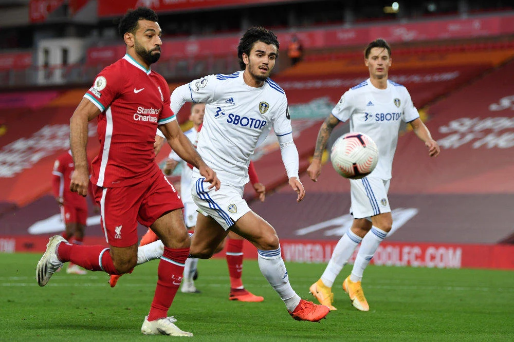 Liverpool’s midfielder Mohamed Salah vies with Leeds United’s defender Pascal Struijk during a recent English Premier League football match in northwest England. (AFP file photo)