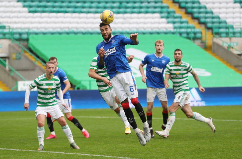 Rangers' Connor Goldson scores their second goal against the Celtics on Oct. 17, 2020. (REUTERS/Russell Cheyne)