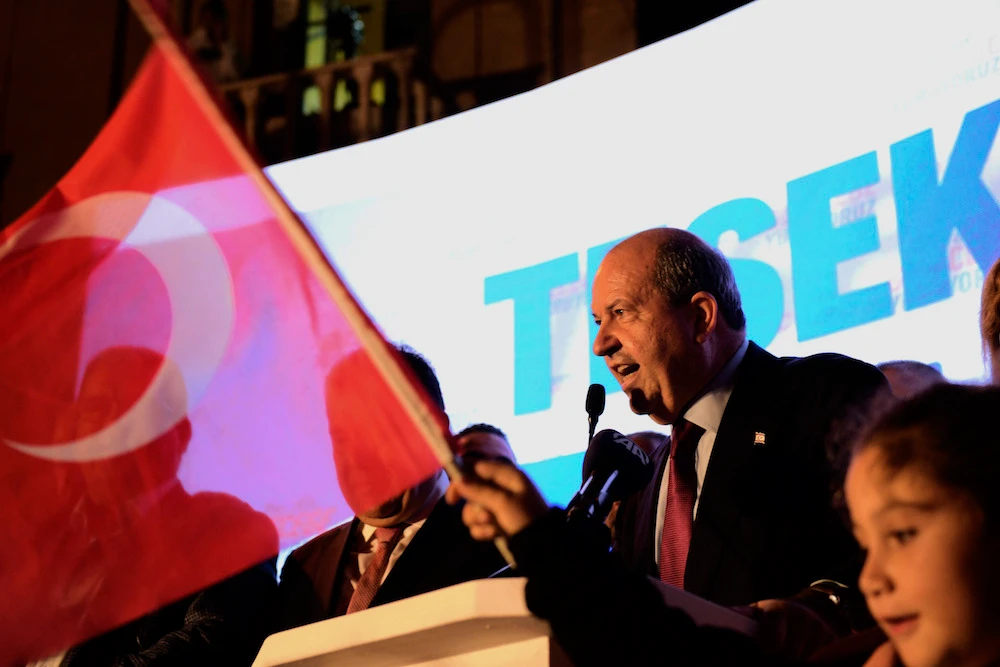 The newly elected Turkish Cypriot leader Ersin Tatar talks to his supporters after winning the Turkish Cypriots election. (AP)