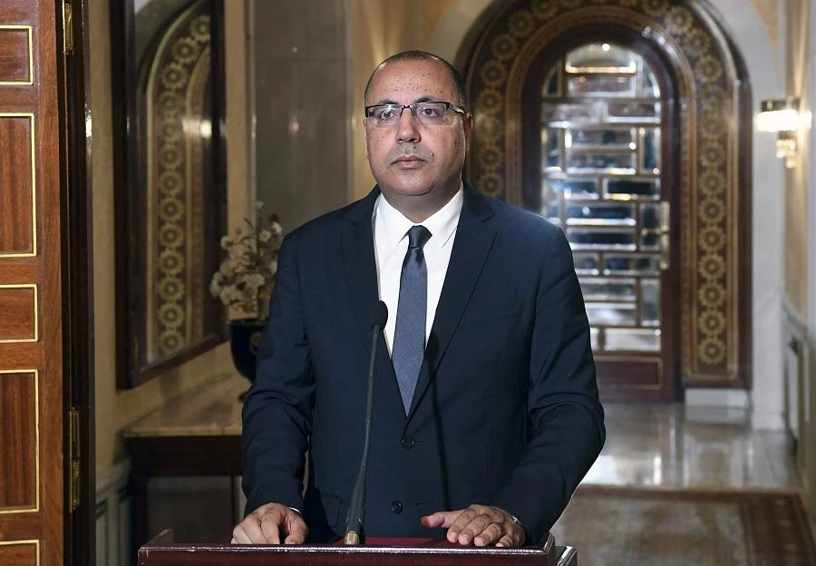In this handout picture provided by the Tunisian Presidency Press Service, the newly appointed Tunisian Prime Minister Hichem Mechichi, tasked with forming a new unity cabinet, gives a speech at the Carthage Palace on the eastern outskirts of the capital Tunis on July 25, 2020. (File/AFP)