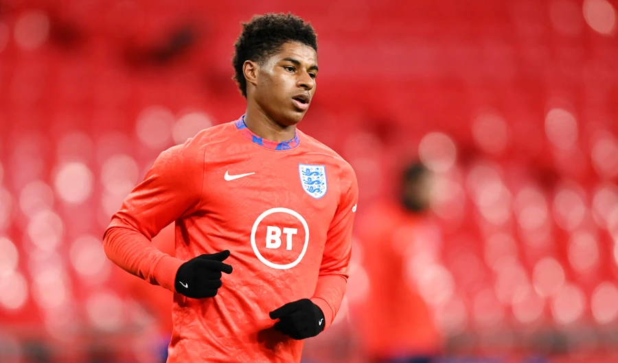 In this Wednesday, Oct. 14, 2020 file photo, England's Marcus Rashford warms up ahead of their UEFA Nations League soccer match against Denmark at Wembley Stadium in London, England. (AP)