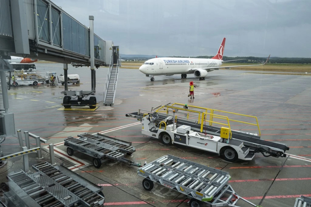 A Turkish Airlines plane arriving from Istanbul parks at the Basel - Mulhouse Euroairport in Saint Louis, eastern France, on August 4, 2020. (File/AFP)