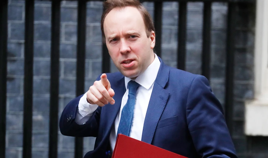 Britain's Health Secretary Matt Hancock gestures as he arrives at 10 Downing Street in London, Tuesday, April 28, 2020. (AP)