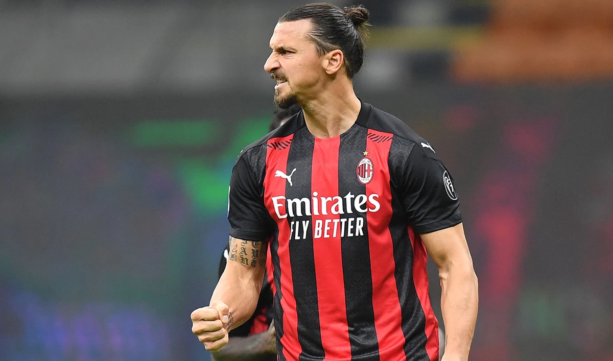 AC Milan's Zlatan Ibrahimovic celebrates scoring his first goal against AS Roma during their match in Milan, Italy on Oct. 26, 2020. (Reuters)