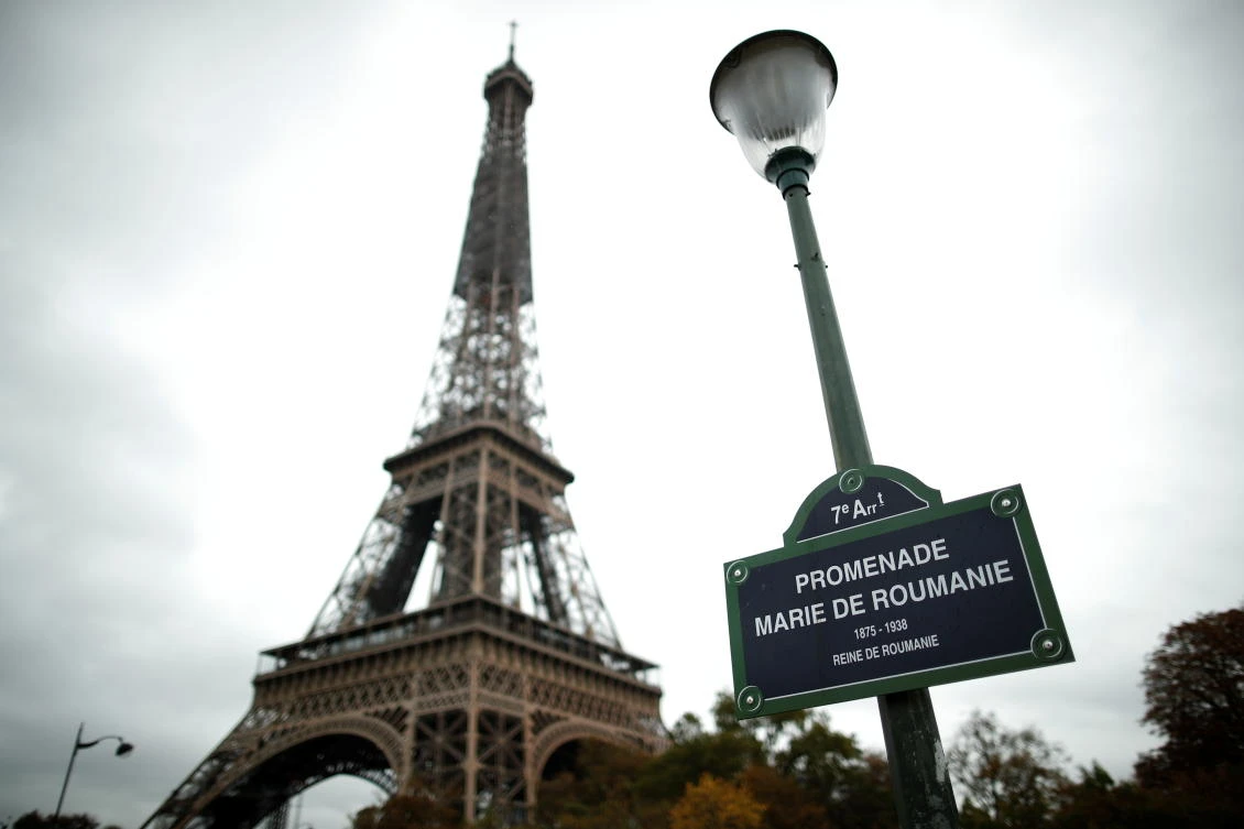 The Promenade Marie de Roumanie plaque is pictured in front of the Eiffel Tower in Paris, France, October 27, 2020. (Reuters)