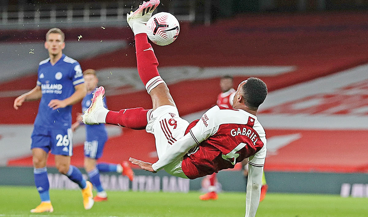 Arsenal’s Gabriel in action during the English Premier League match against Leicester City at Emirates Stadium in London on Sunday. (AP)