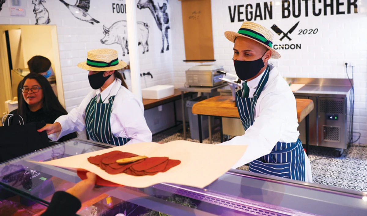 Rudy’s Vegan Butcher sells meat-free specialities such as baycon and soysages. (Reuters)
