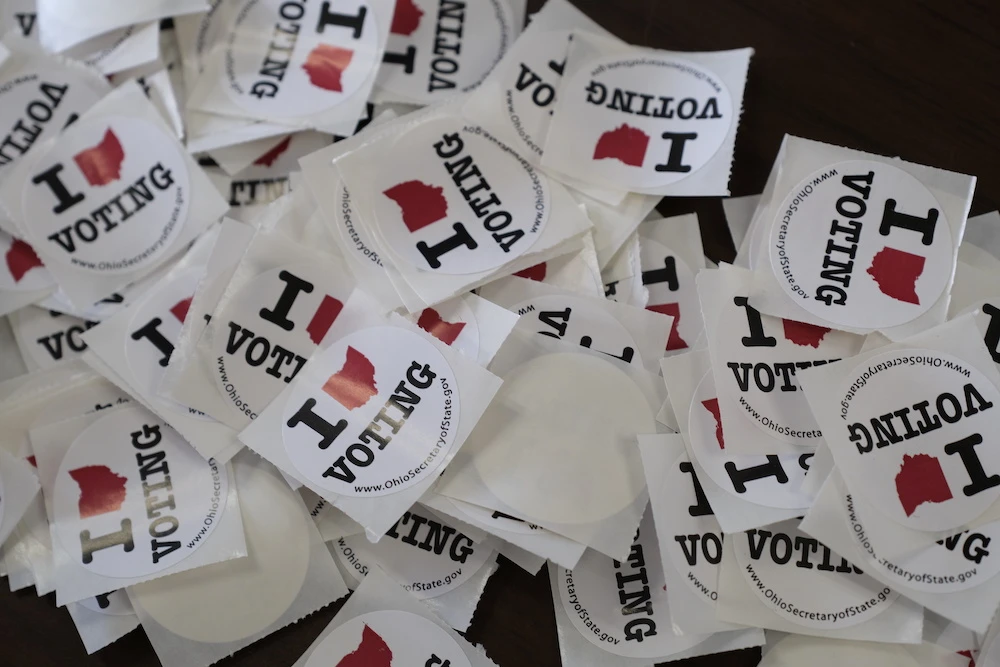 Stickers are pictured during the 2020 US presidential election on election day in New Richmond, Ohio, US Nov. 3, 2020. (Reuters)