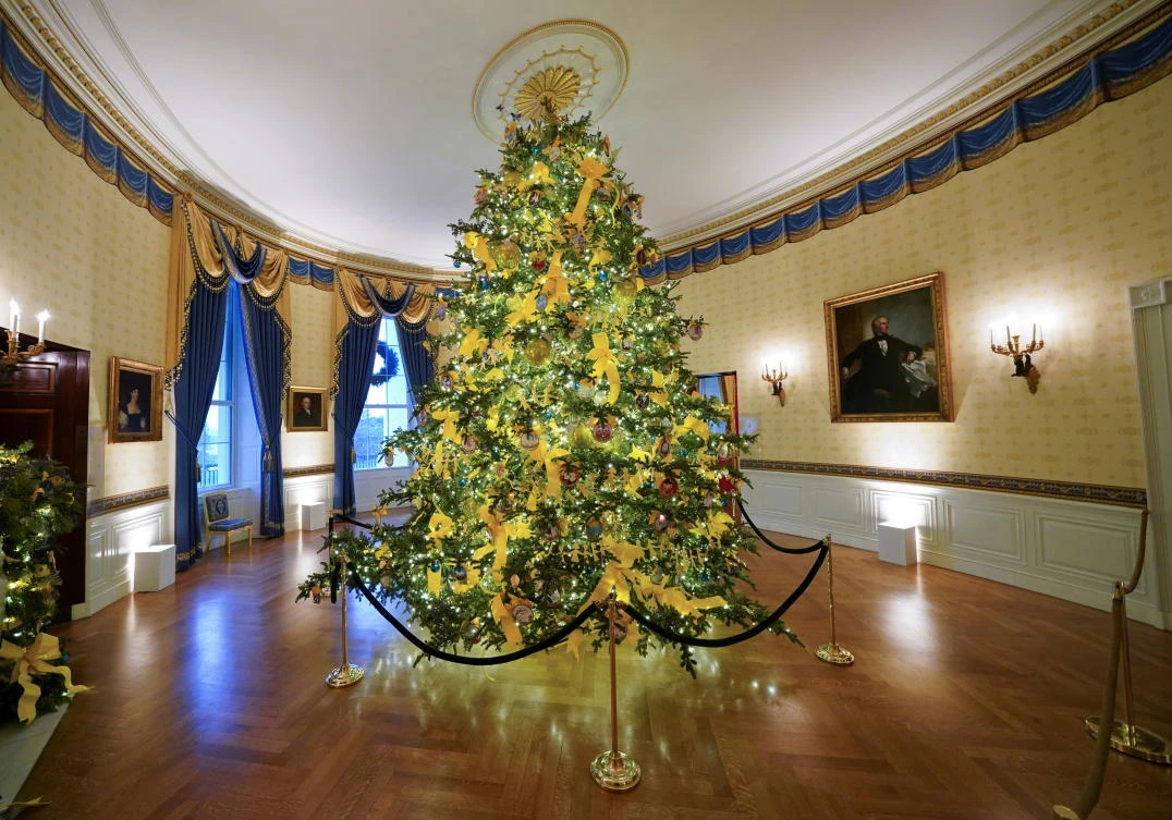 The Blue Room of the White House is adorned with holiday decorations during a press preview in Washington, U.S., November 30, 2020. REUTERS/Kevin Lamarque