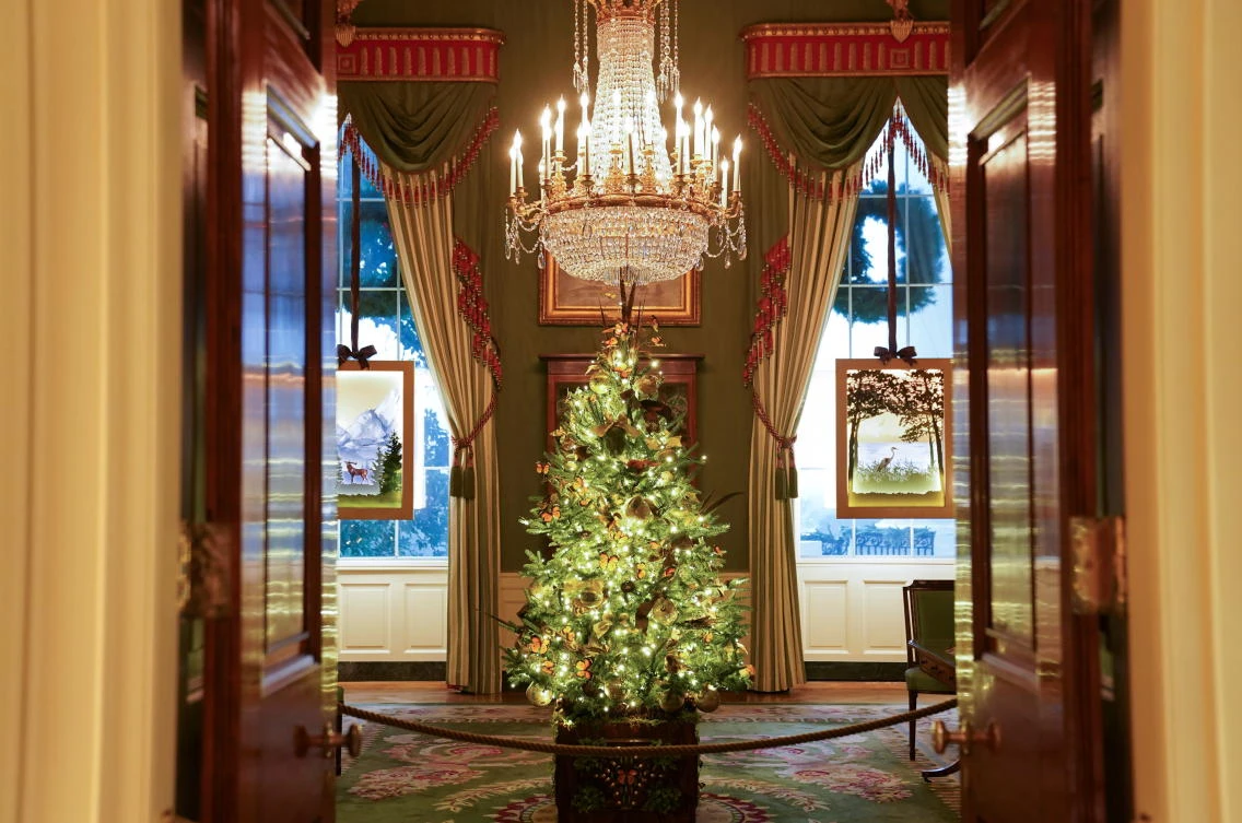 The Green Room of the White House is adorned with holiday decorations in Washington, U.S., November 30, 2020. REUTERS/Kevin Lamarque