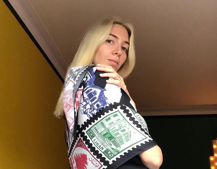 Sabine Getty wearing a Mary Katrantzou scarf custom-made for Lebanon. Instagram